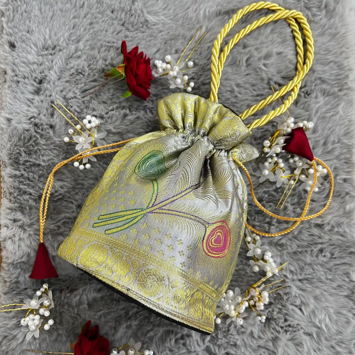 Silver Shade Banarasi Potli Bags - Image 3