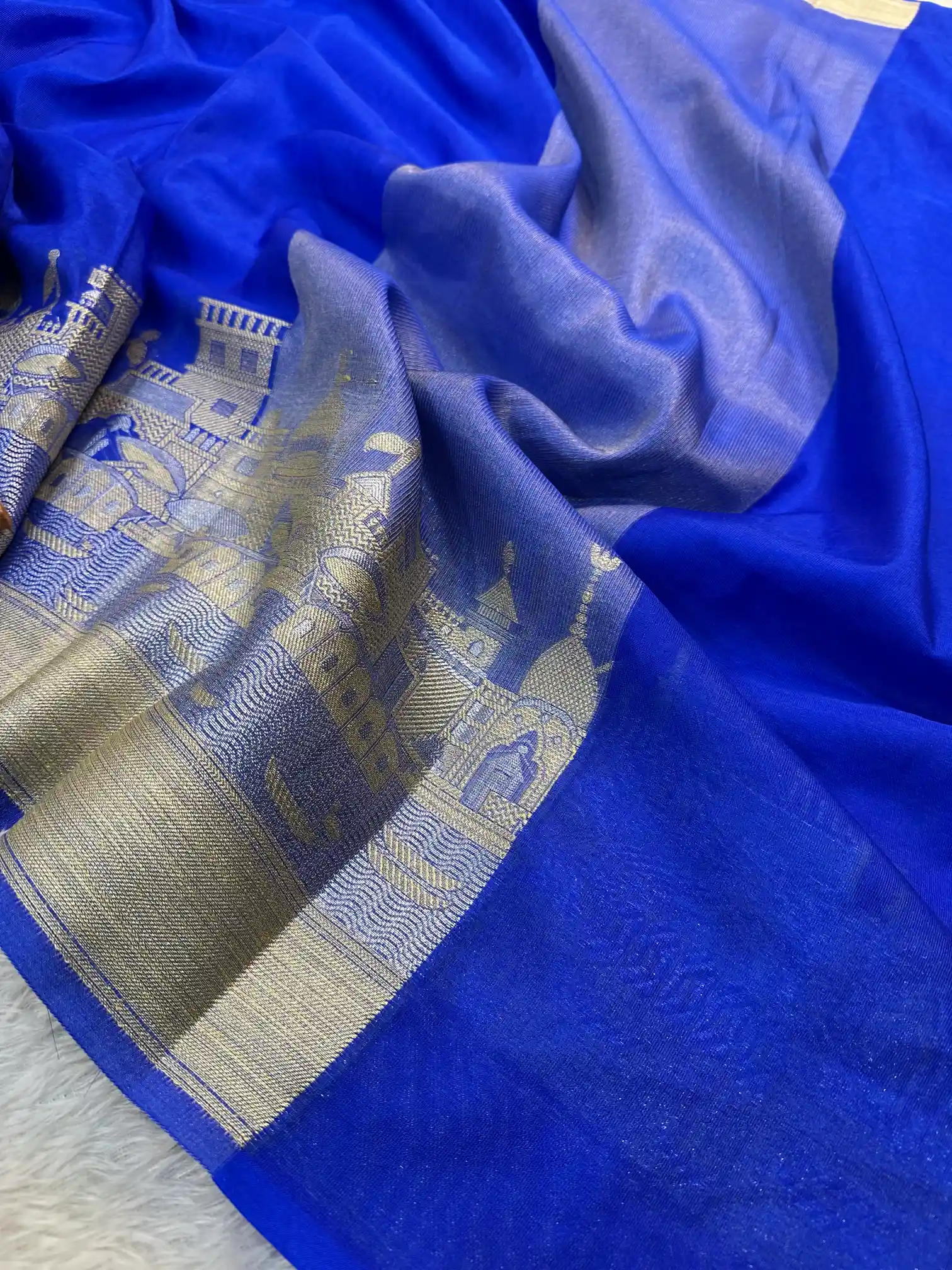 Royal Blue Georgette Silk Ghat Pattern Banarasi Saree - Image 3