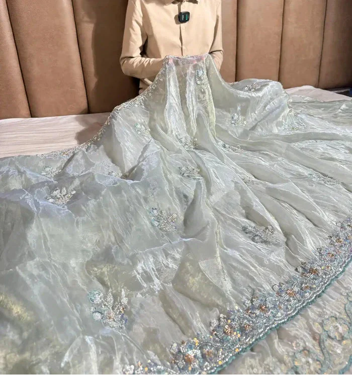 Subtle Metallic Sea Green Shimmery Tissue Silk Designer Saree - Image 3