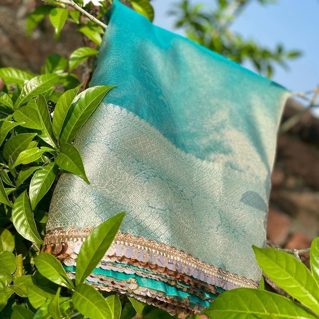 Aqua Green Janhvi Kapoor Inspired Tissue Silk Saree - Image 3