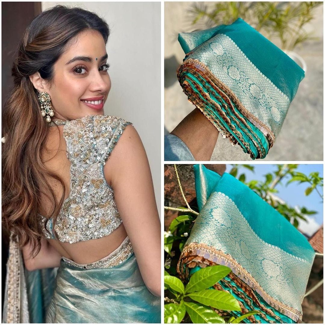 Aqua Green Janhvi Kapoor Inspired Tissue Silk Saree - Image 4