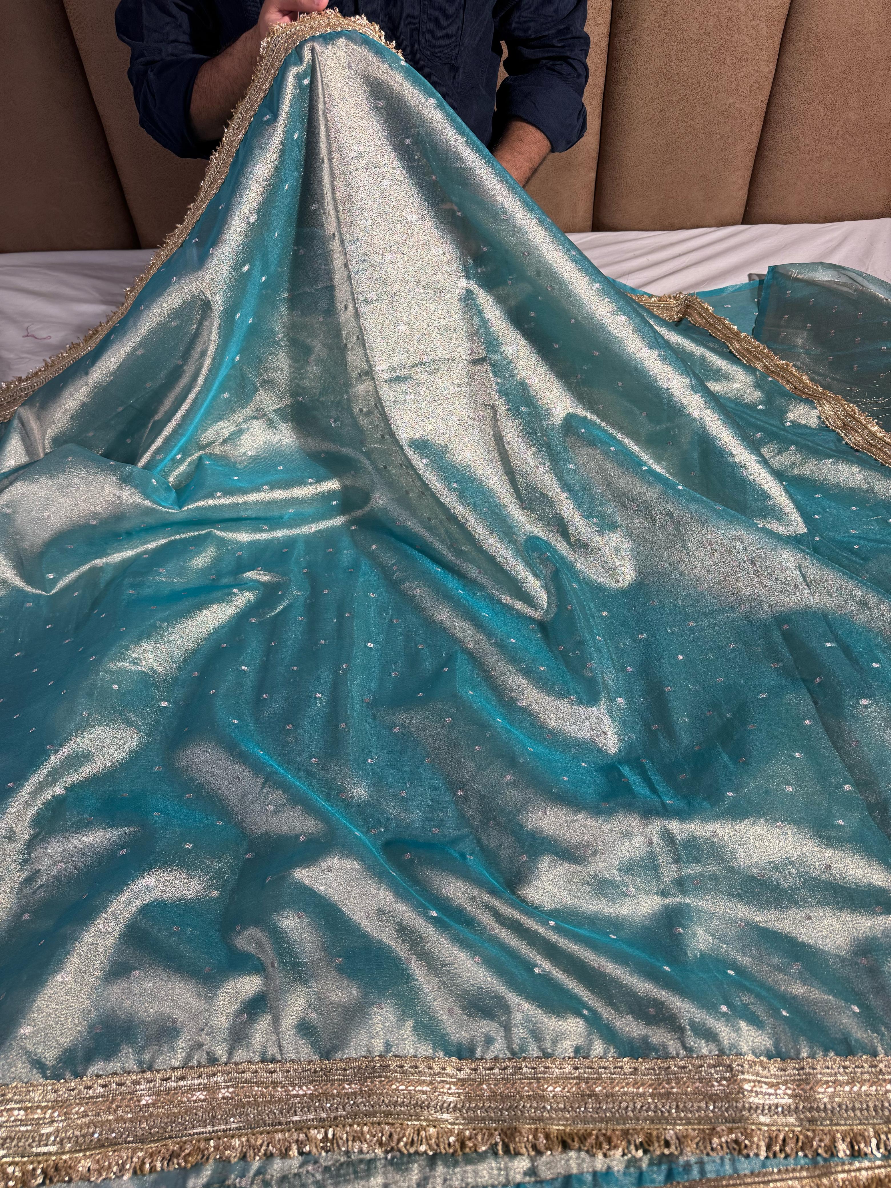 Metallic Blue Tissue Silk Heavy Lacework Banarasi Saree - Image 2