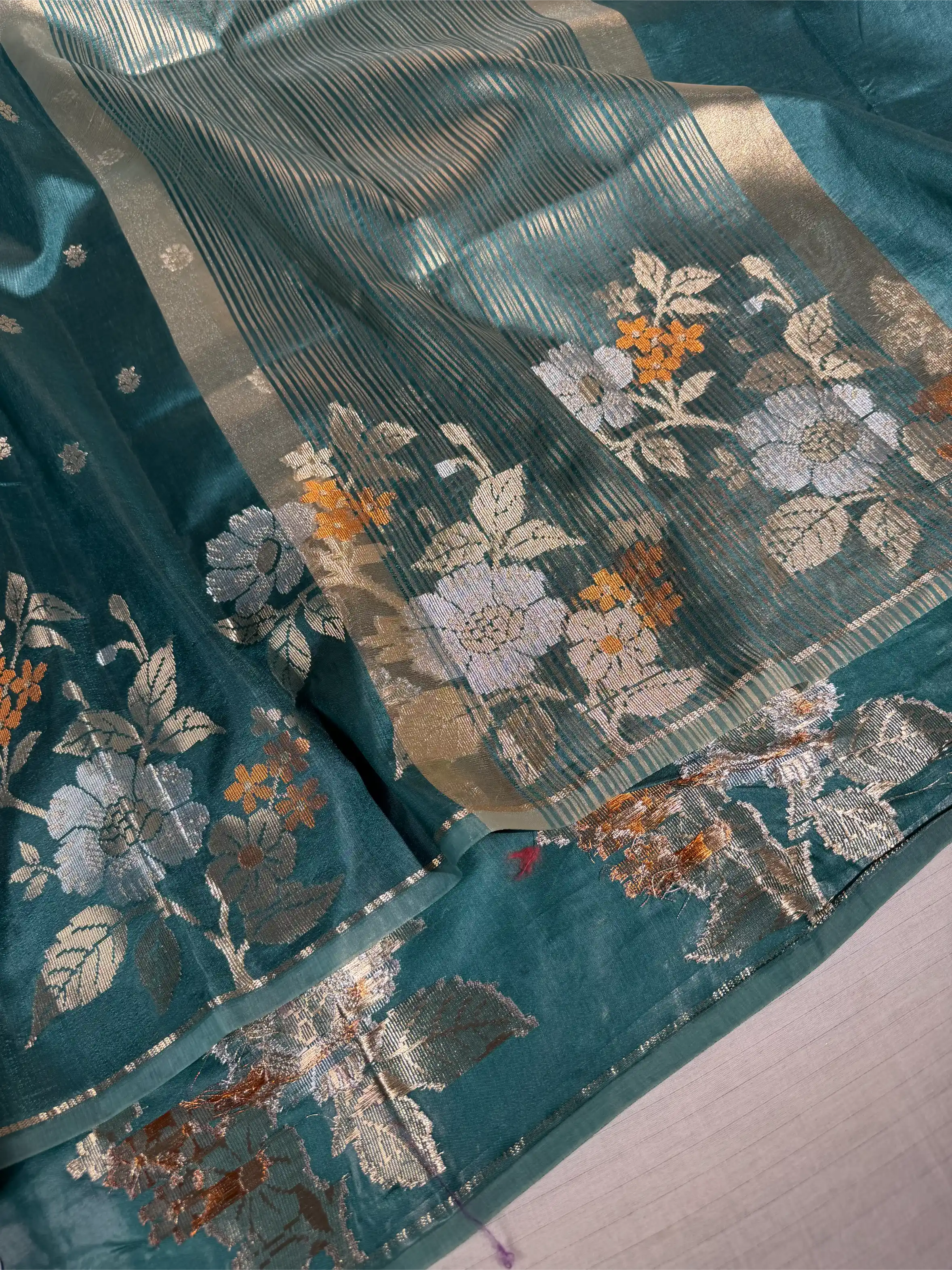 Turquiose Green Raw Dupion Silk Contemperory Banarasi Saree - Image 2