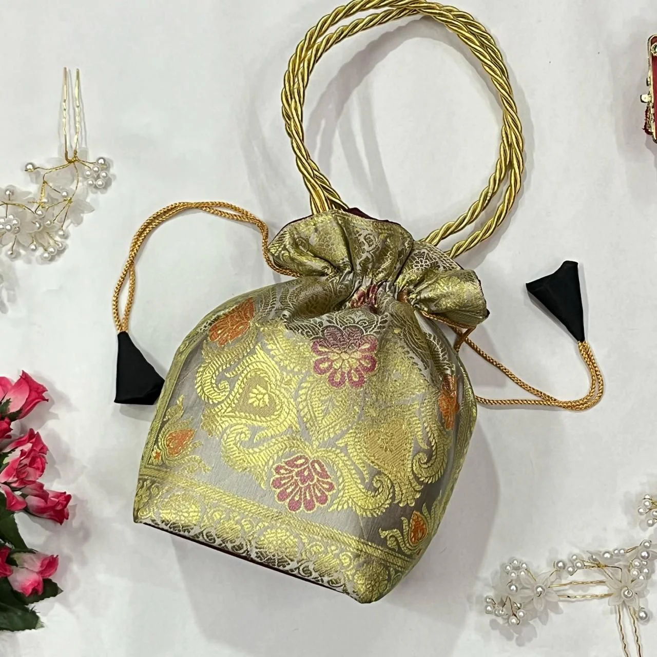 White Elegance Banarasi Potli Bags - Image 4