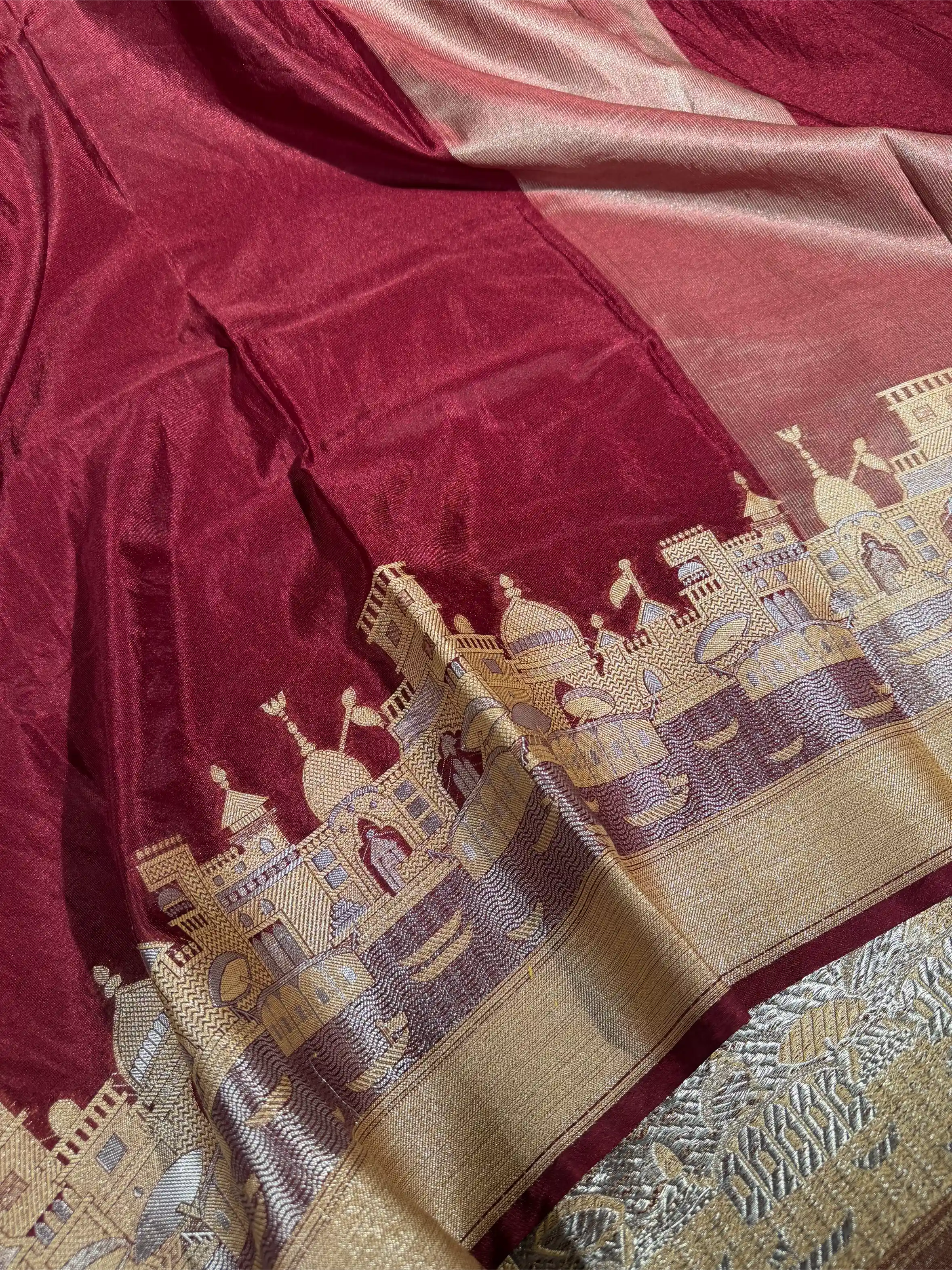 Wine Shade Ghats of Banaras Georgette Silk Banarasi saree - Image 2
