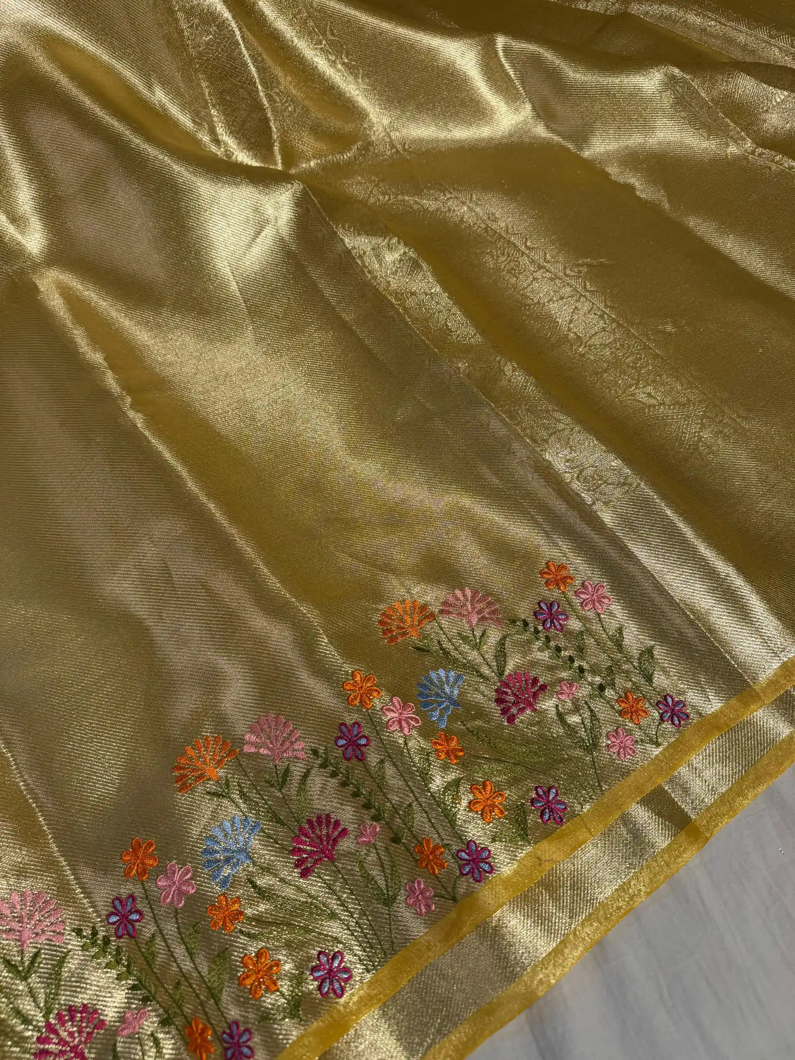 Yellow Designer Tissue Silk Chikankari Work Banarasi Saree - Image 2