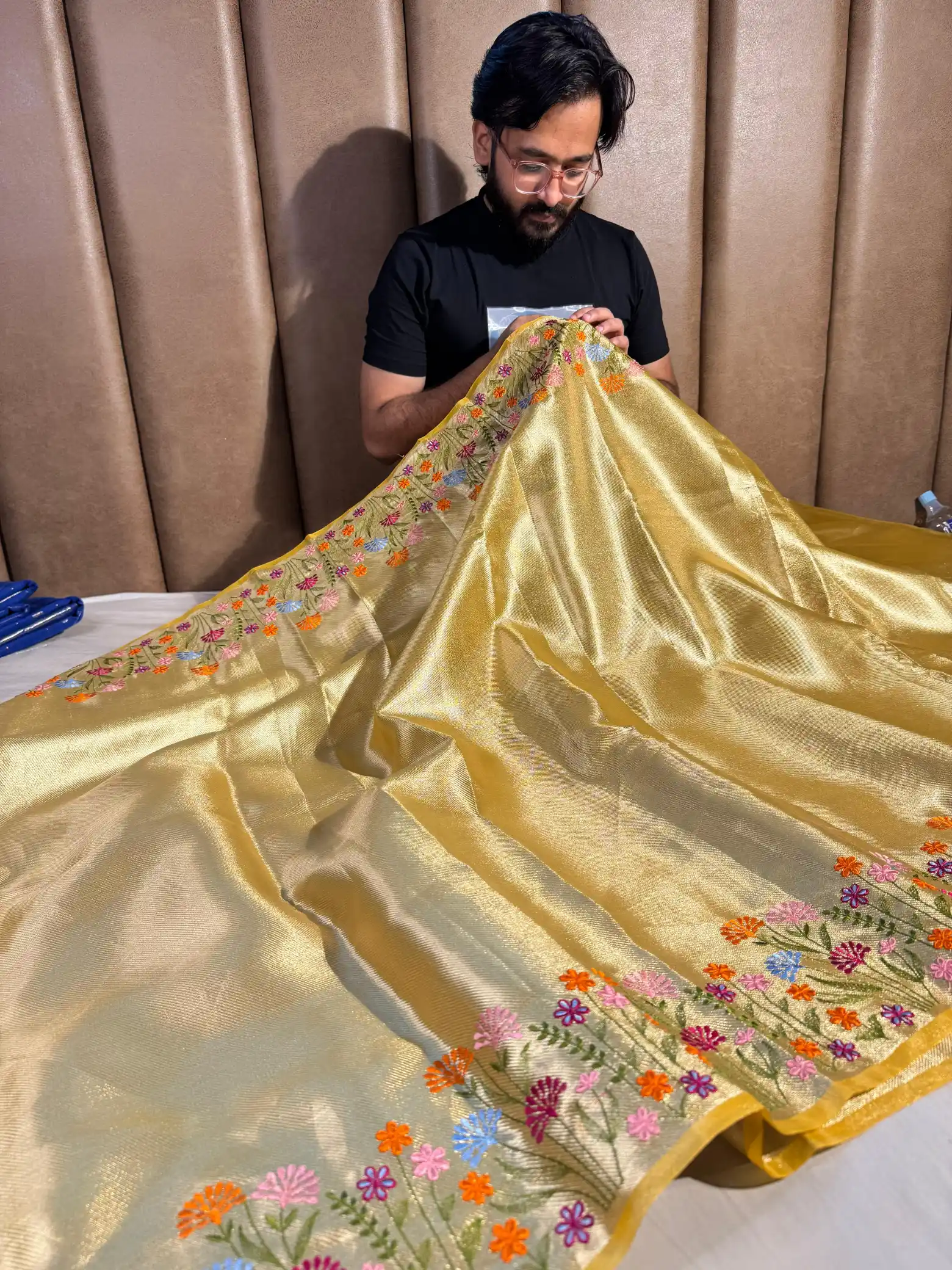 Yellow Designer Tissue Silk Chikankari Work Banarasi Saree - Image 3
