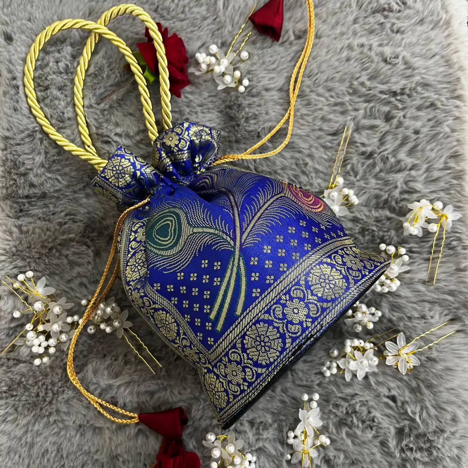 Royal Blue Shade Banarasi Potli Bags - Image 3