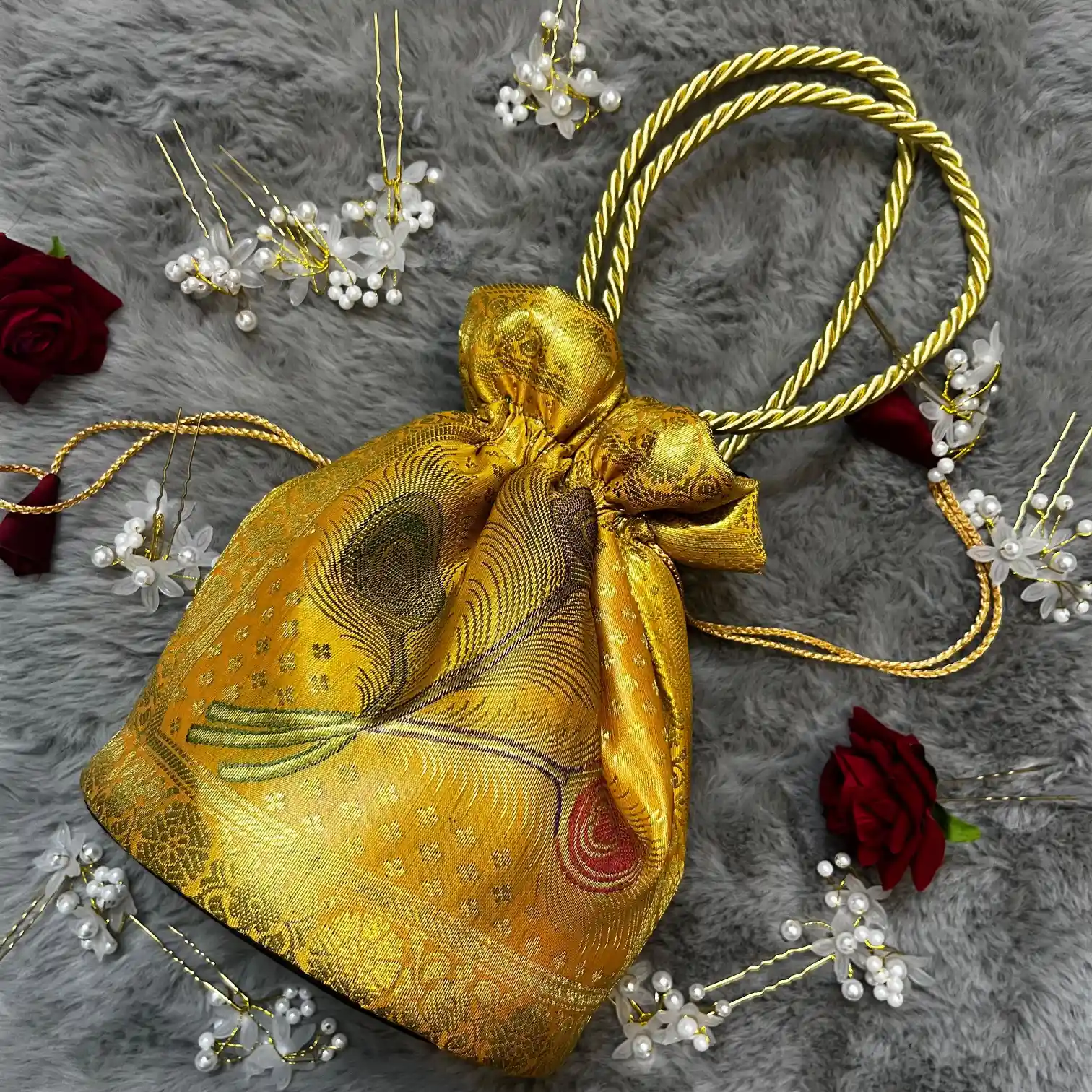 Yellow Shade Banarasi Potli Bags - Image 2