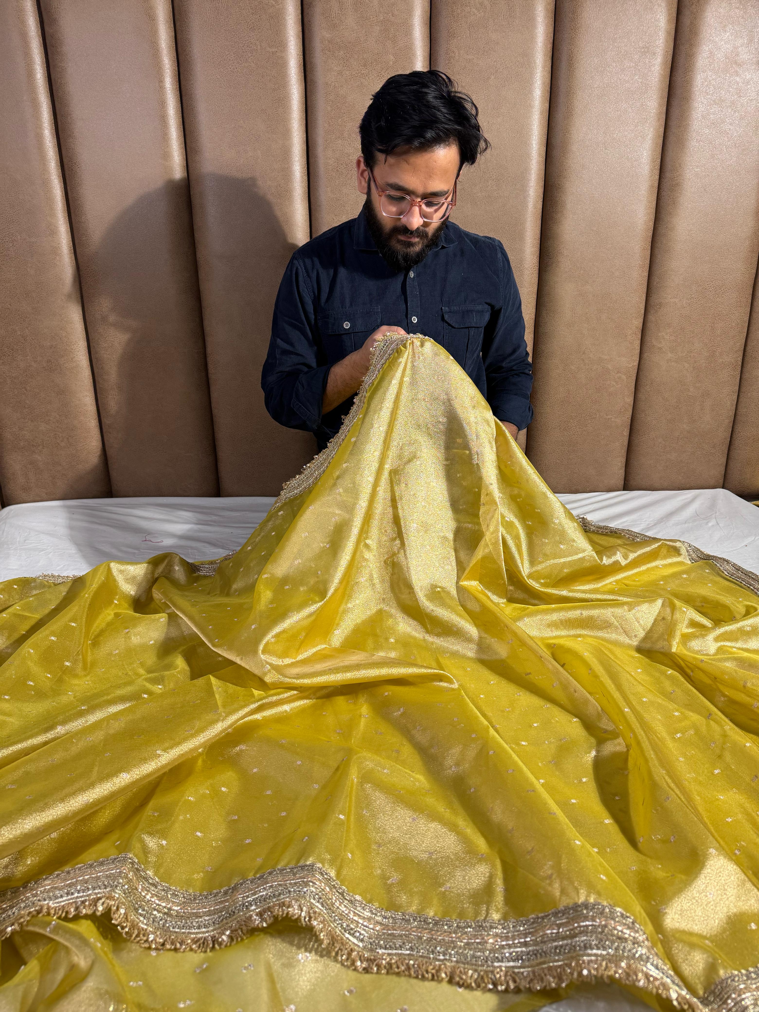 Yellow Shade Tissue Silk Saree with Heavy Lace Work - Image 3