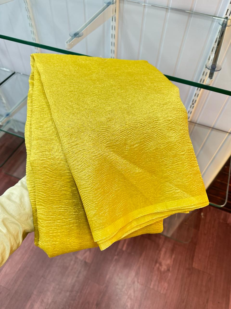 Beautiful Yellow Colour Crush Tissue Saree - Image 3